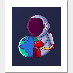 Cute Astronaut Holding Earth Cartoon Posters and Art